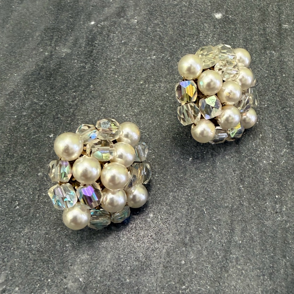 Vintage Pearl Iridescent Crystal Clip On Japan Earrings - Picture 3 of 7